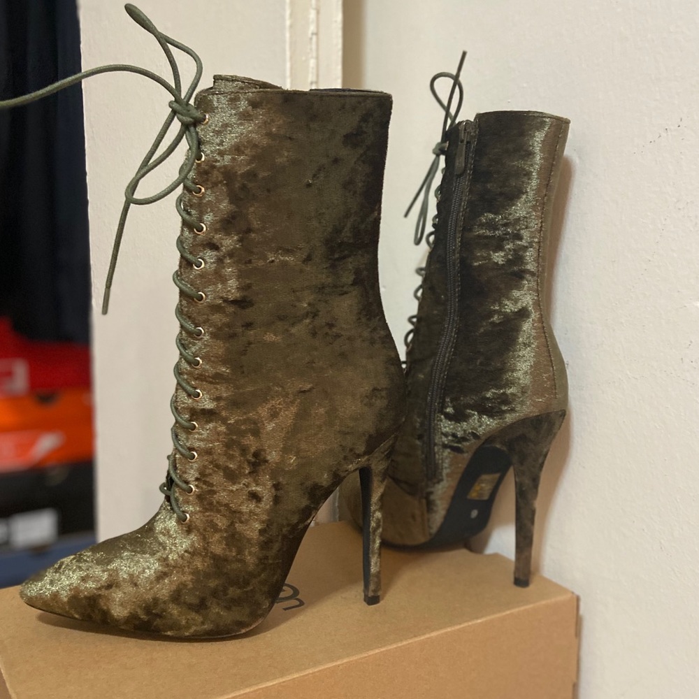 Green velvet lace up booties, worn once.